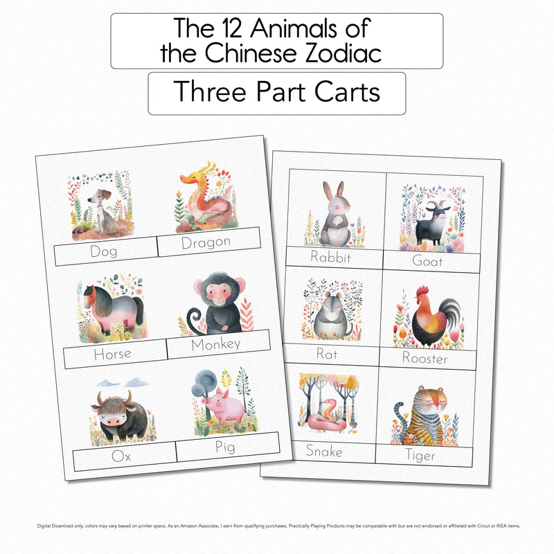 The 12 Animals of the Chinese Zodiac - 12 Three-Part Cards