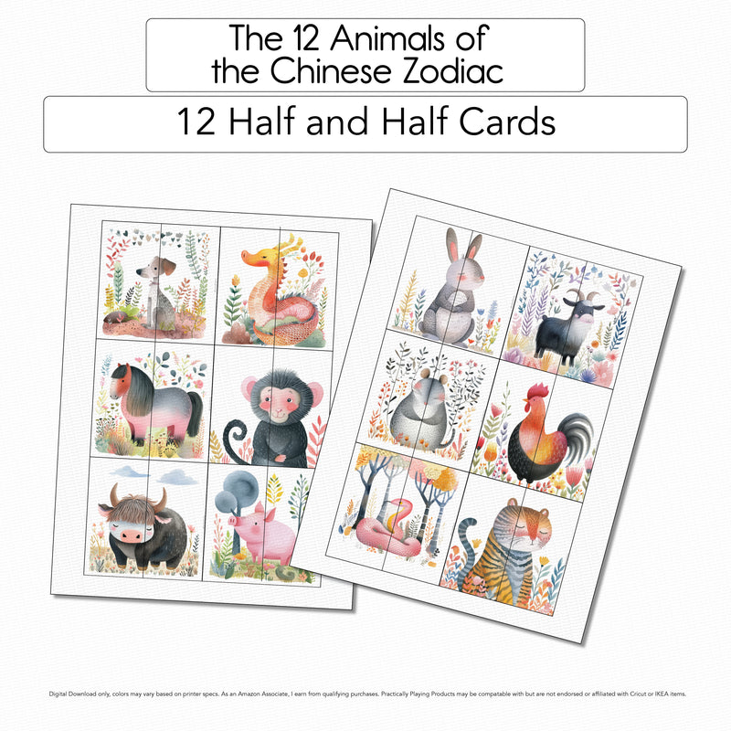 The 12 Animals of the Chinese Zodiac - 12 Half and Half cards