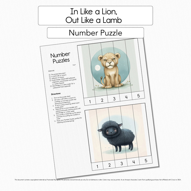 In Like a Lion Out - Like a Lamb - Number Puzzle Pack