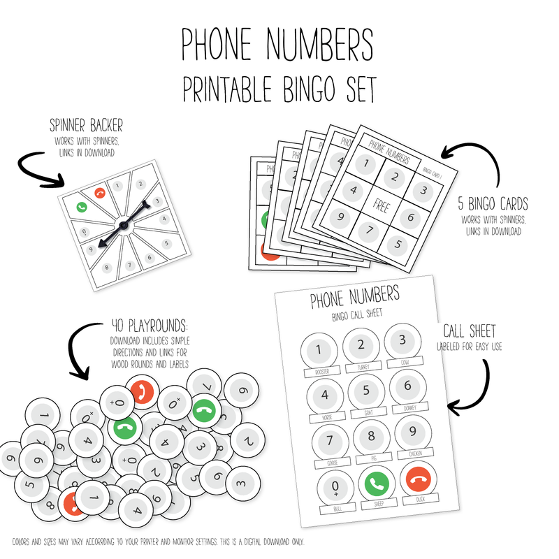 Phone Numbers Bingo Game Pack