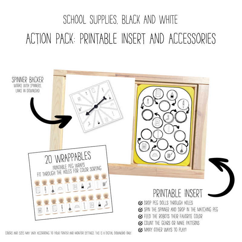 School Supplies (Black and White) 6 Hole Sorting Action Pack