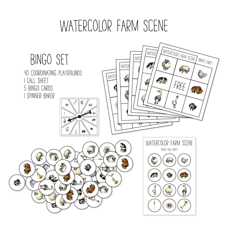 Watercolor Farm Bingo Game Pack